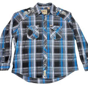 Rafter C Cowboy Collection Western Blue Black Plaid Pearl Snap Button Up XXL